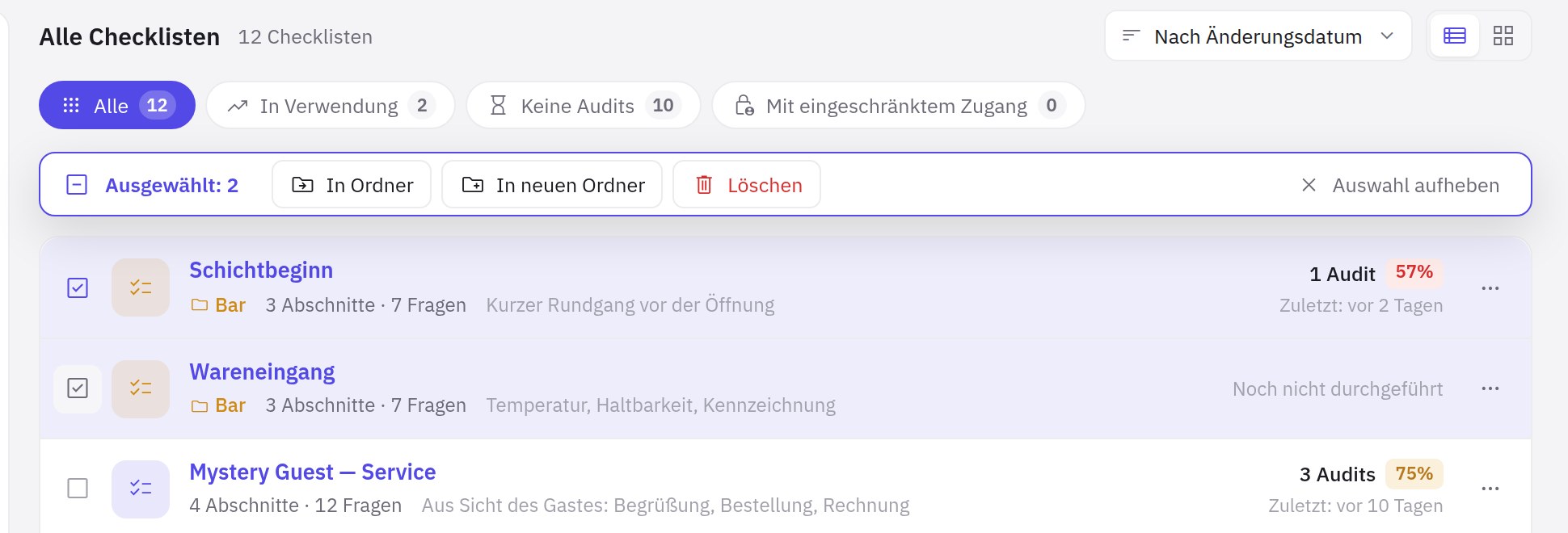 Die Aktionsleiste für ausgewählte Checklisten