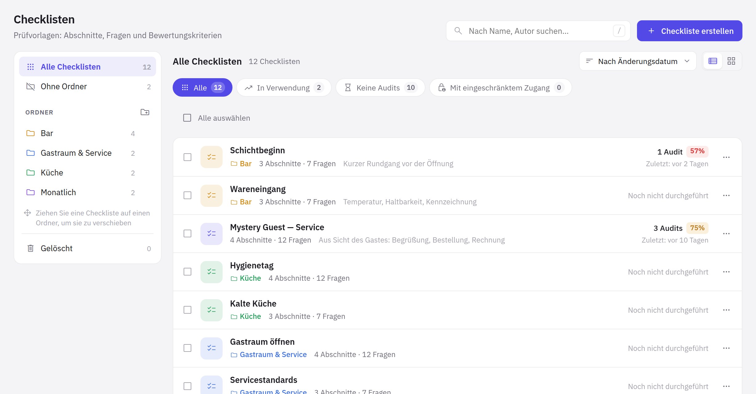 Die Liste der Checklisten unter Arbeit → Checklisten