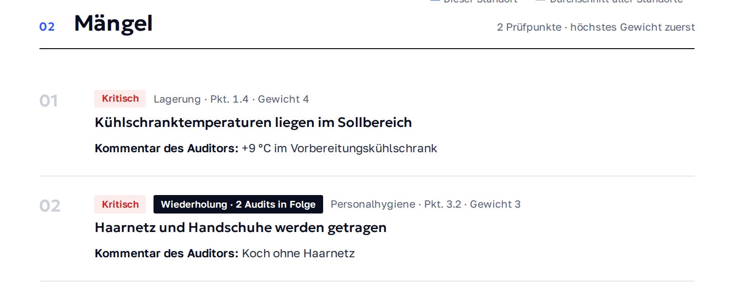 Mängel im Bericht: die schwersten zuerst, als kritisch markiert