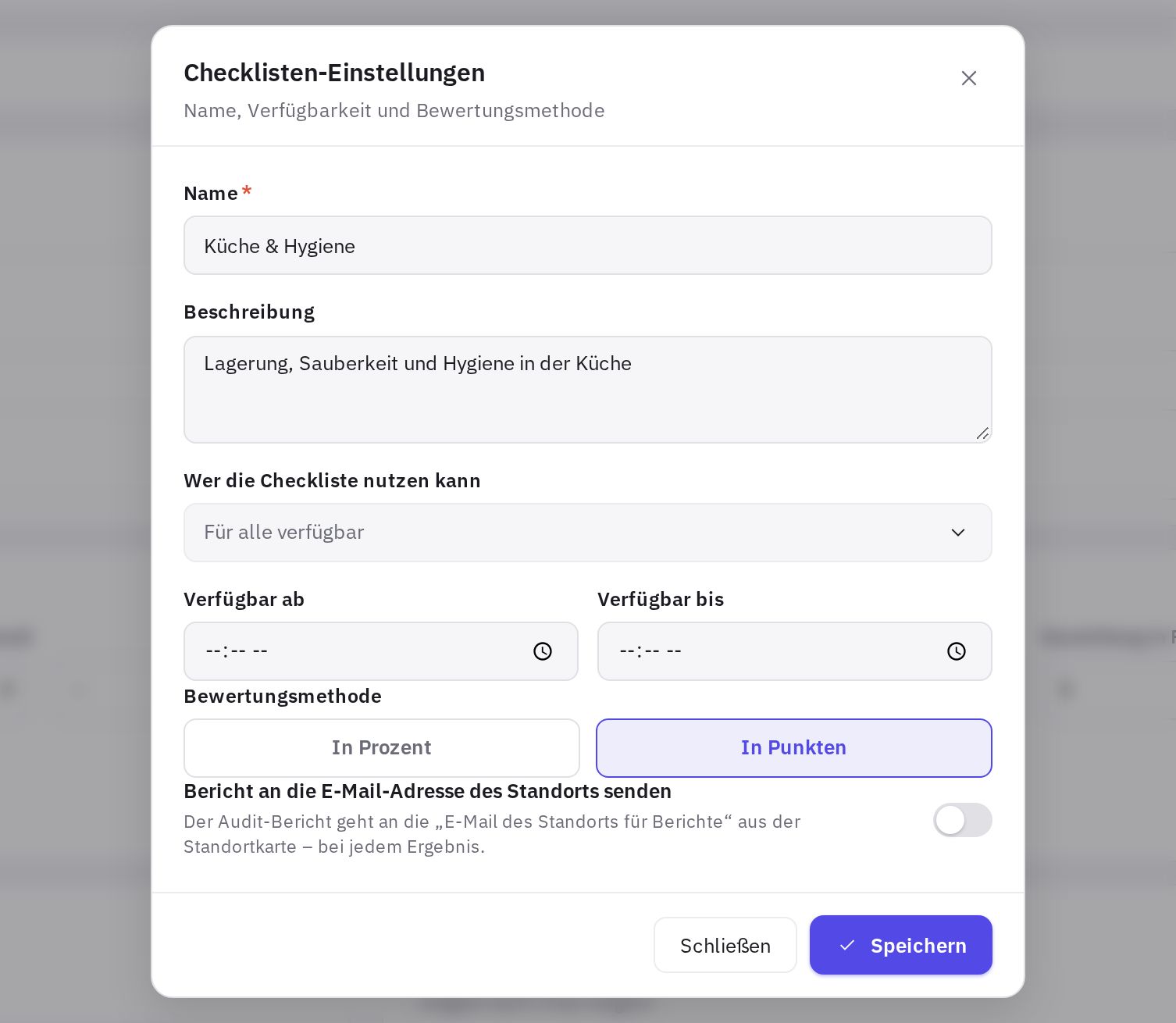 Das Fenster mit den Einstellungen der Checkliste