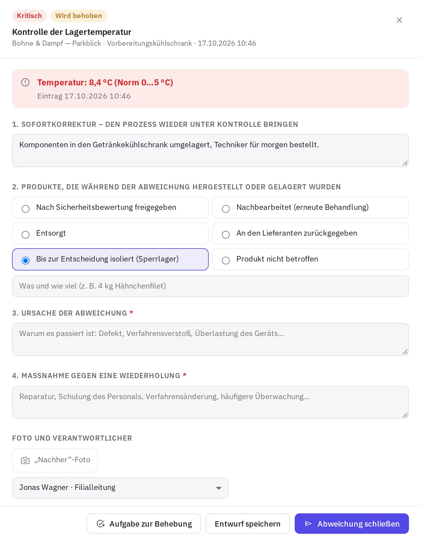Eine Abweichungskarte mit Korrekturmaßnahmen