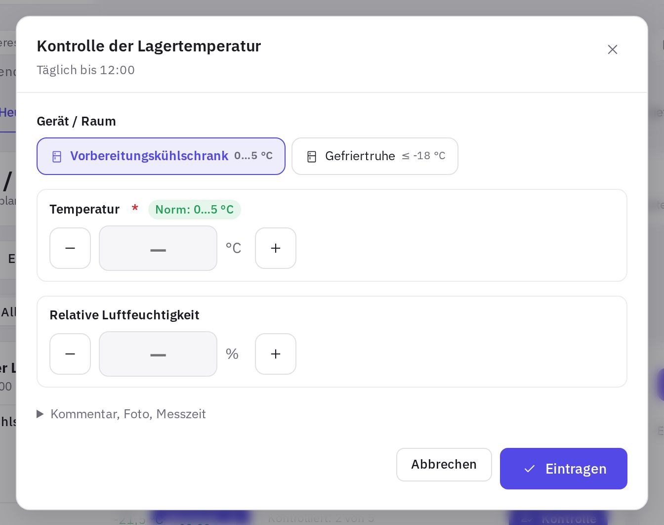 Das Messformular: Gerät, ein Feld mit Norm und die Speichern-Schaltfläche
