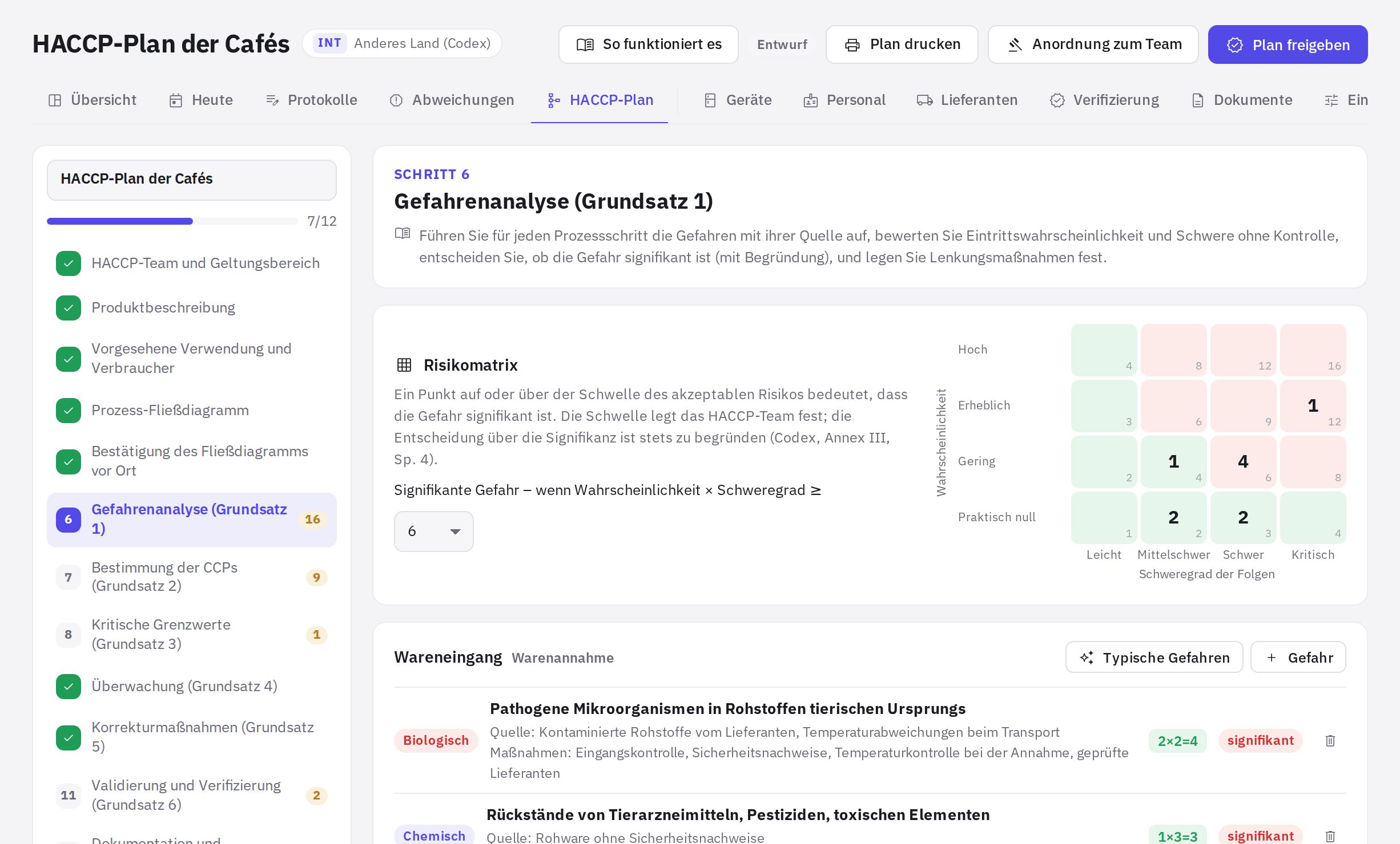 Schritt 6 des Plans: Risikomatrix und Gefahren je Schritt