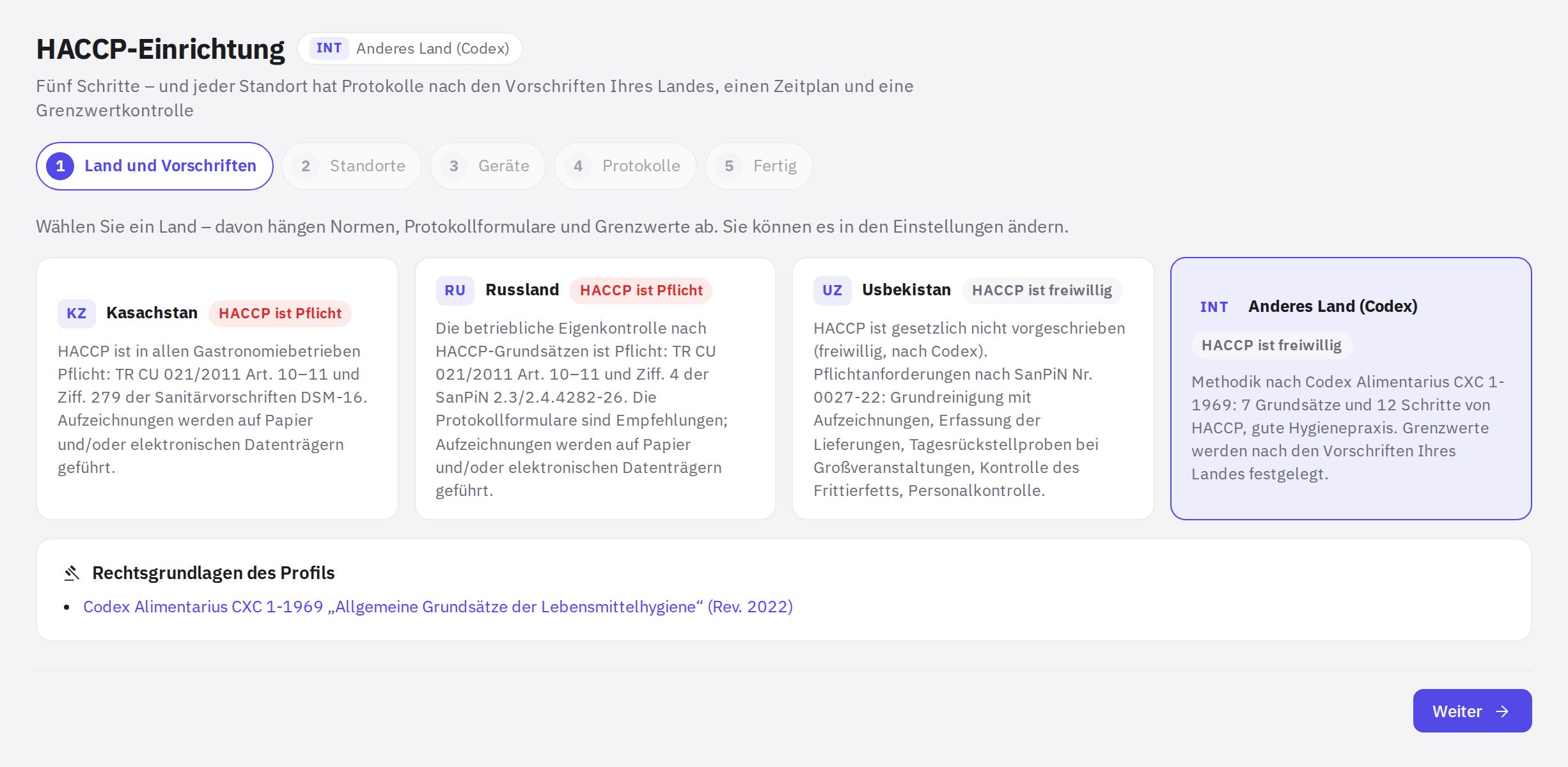 Der HACCP-Einrichtungsassistent, Schritt „Land und Vorschriften“