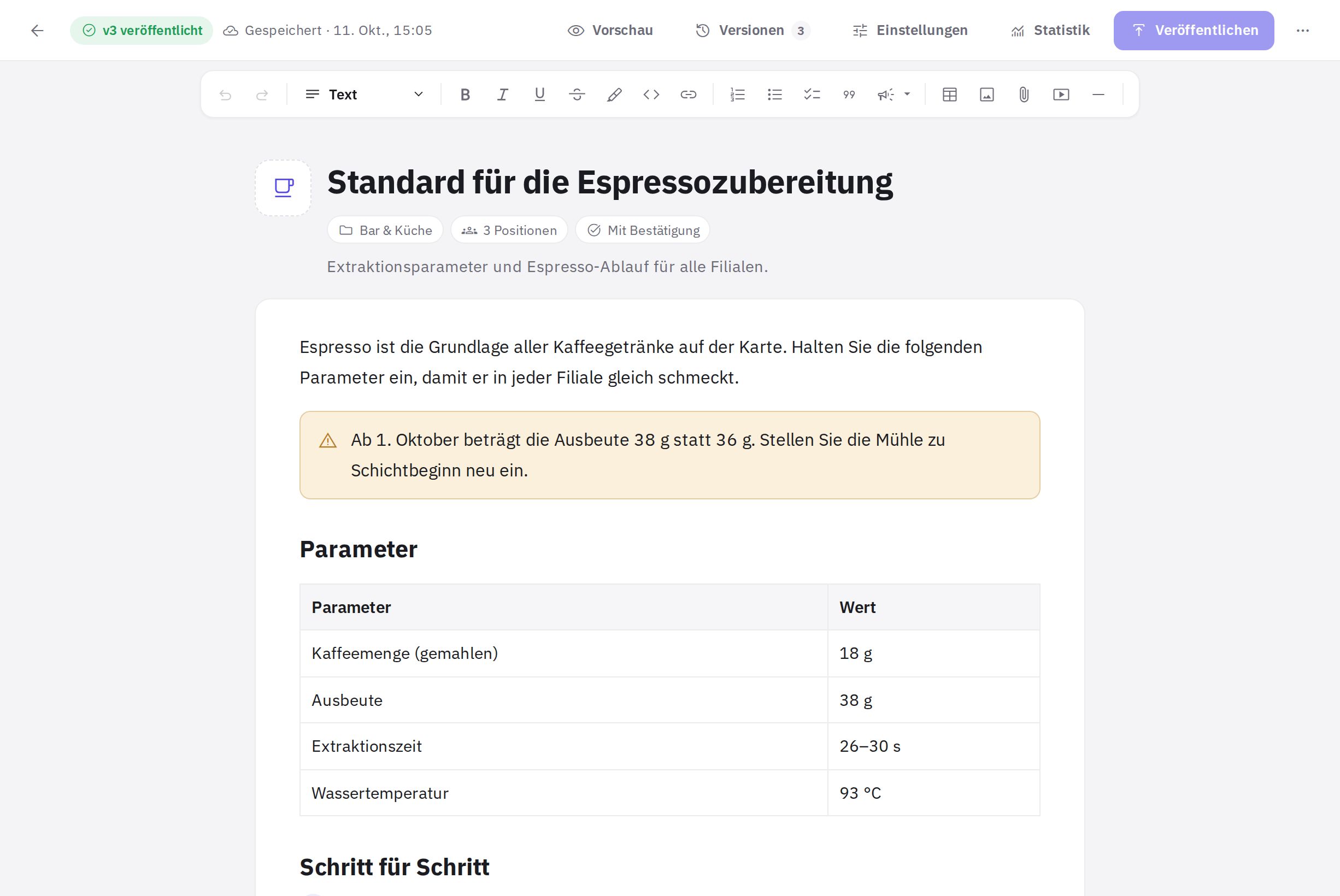 Der Anleitungs-Editor: Blockleiste, Text mit Hinweisblock und Tabelle