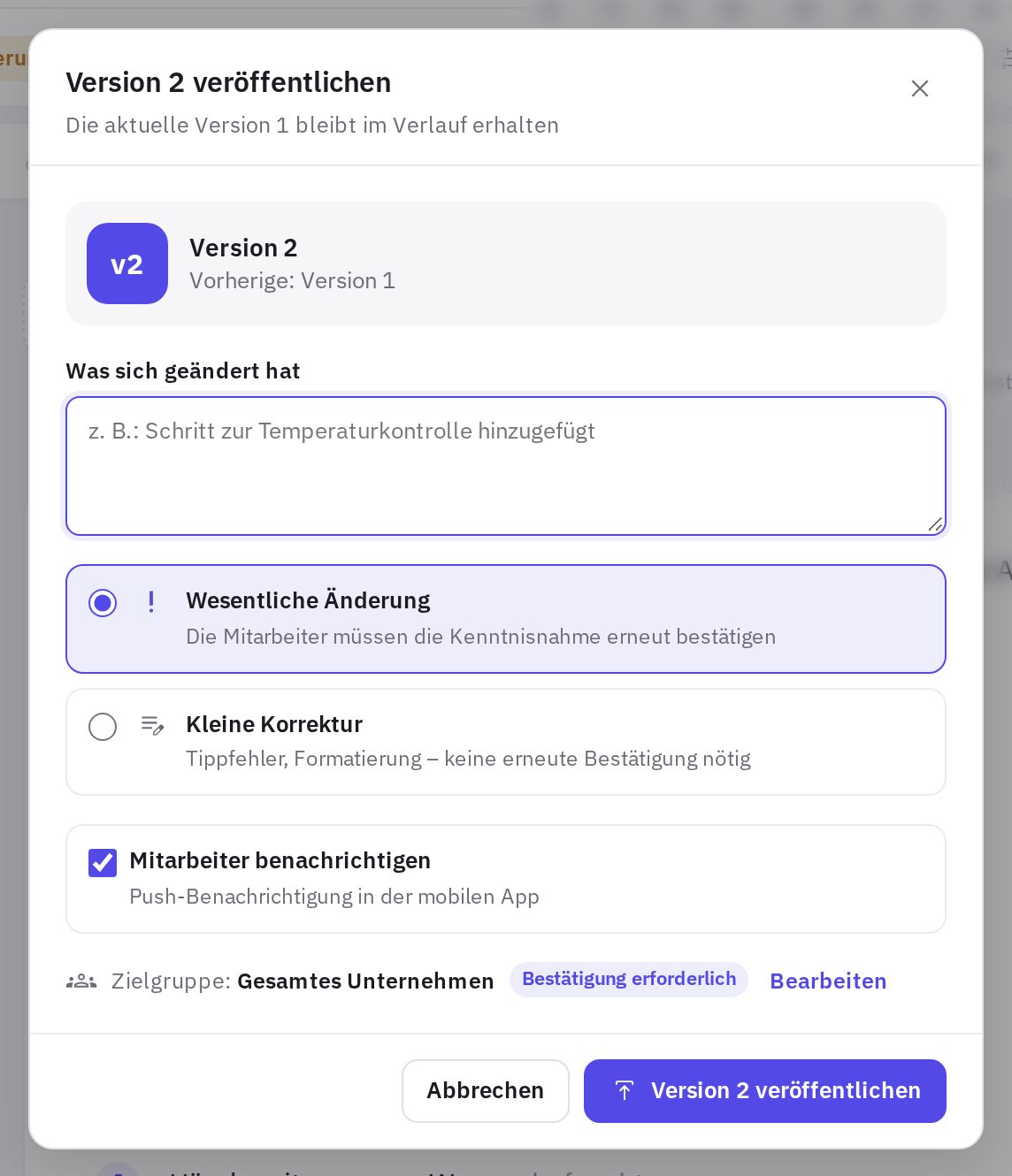 Das Fenster zum Veröffentlichen einer neuen Version