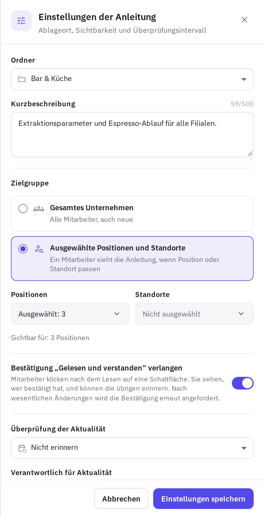 Einstellungen der Anleitung: Ordner, Zielgruppe und Bestätigung