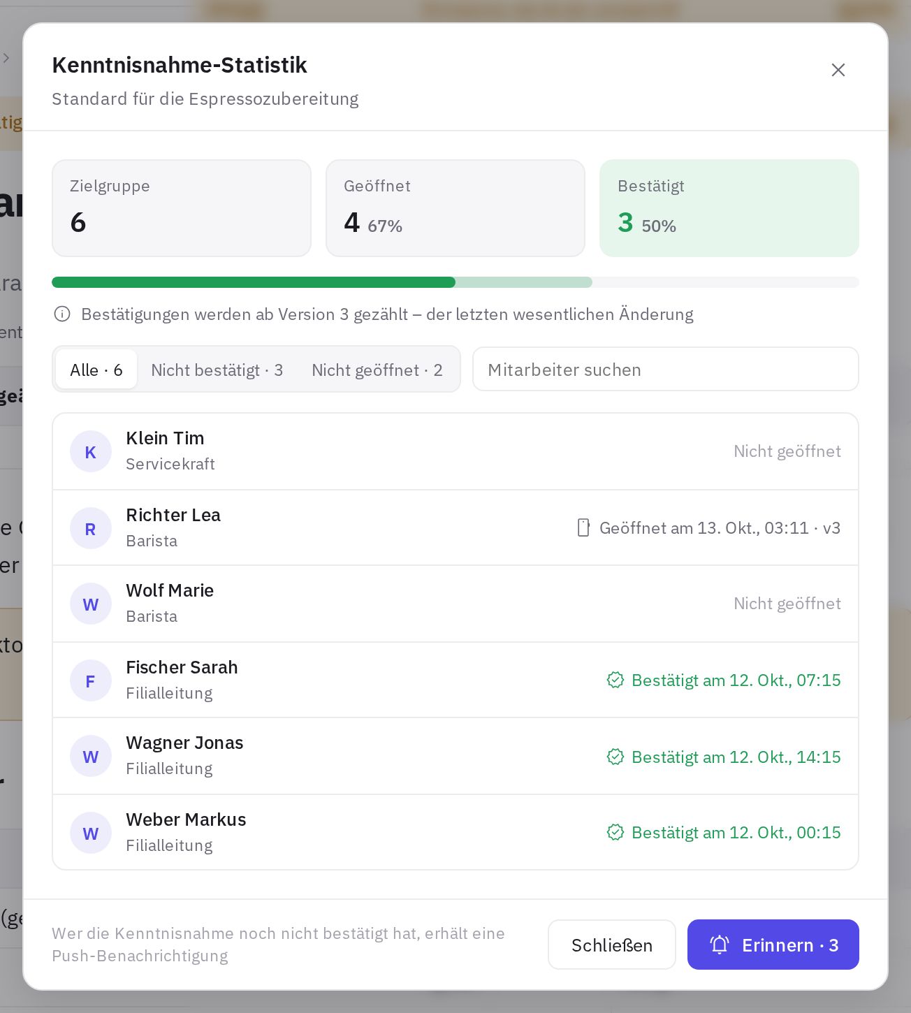 Kenntnisnahme-Statistik: Übersicht und Mitarbeiterliste