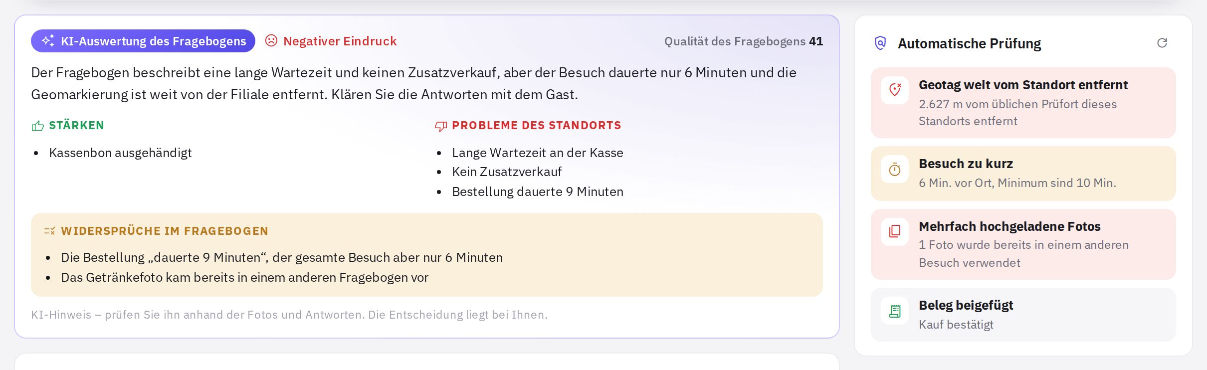 KI-Auswertung des Fragebogens und der Block Automatische Prüfung mit Hinweisen