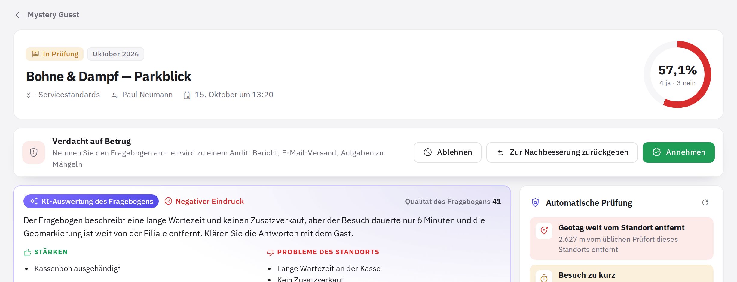 Eine Besuchskarte in Prüfung: Bewertung, Hinweise und Entscheidungsschaltflächen