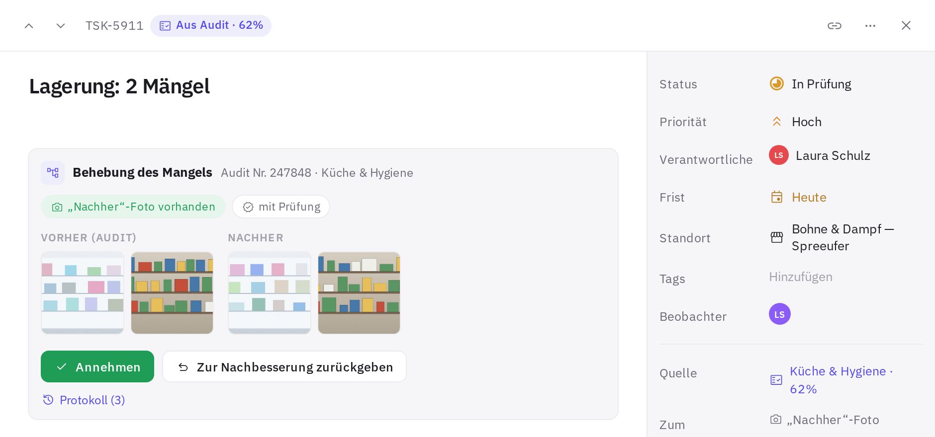 Eine Audit-Aufgabe in Prüfung: Vorher- und Nachher-Fotos, Schaltflächen „Annehmen“ und „Zur Nachbesserung zurückgeben“