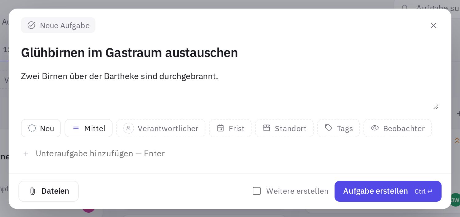 Das Fenster „Neue Aufgabe“: Titel, Beschreibung und Schaltflächen für die Eigenschaften