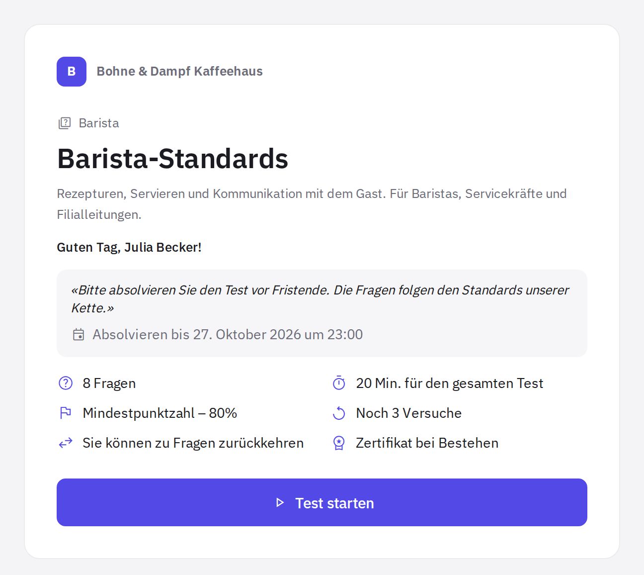 Der erste Bildschirm des Tests vor dem Start