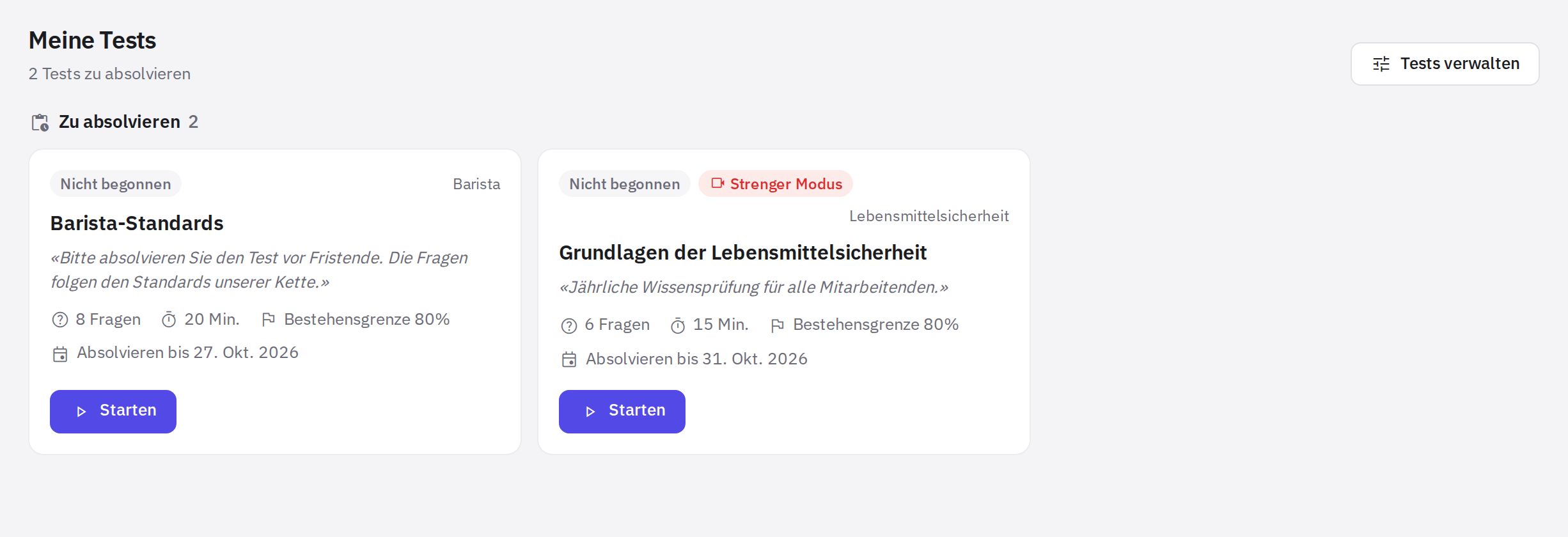 Die Seite Meine Tests