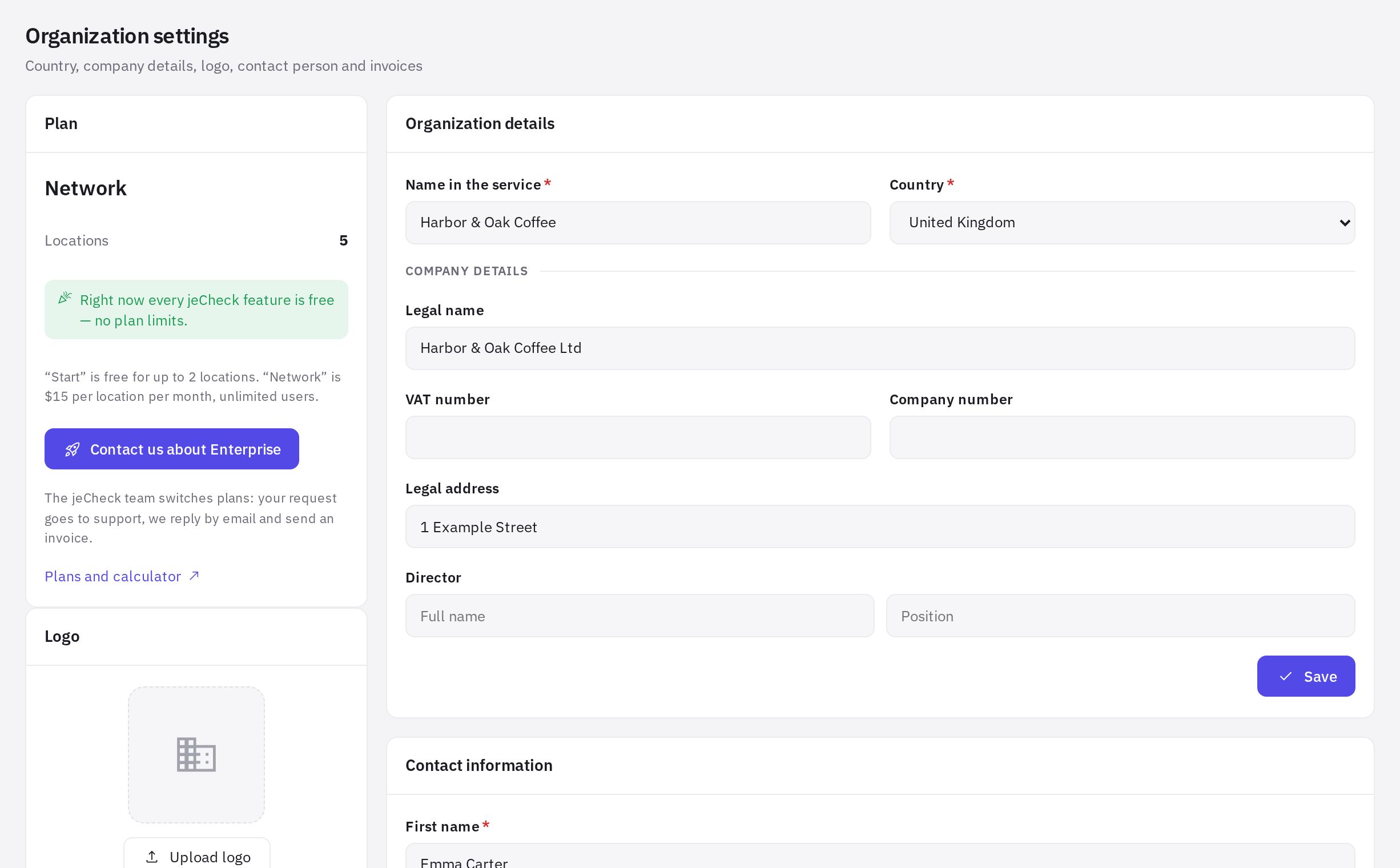 Settings: plan, logo and organization details