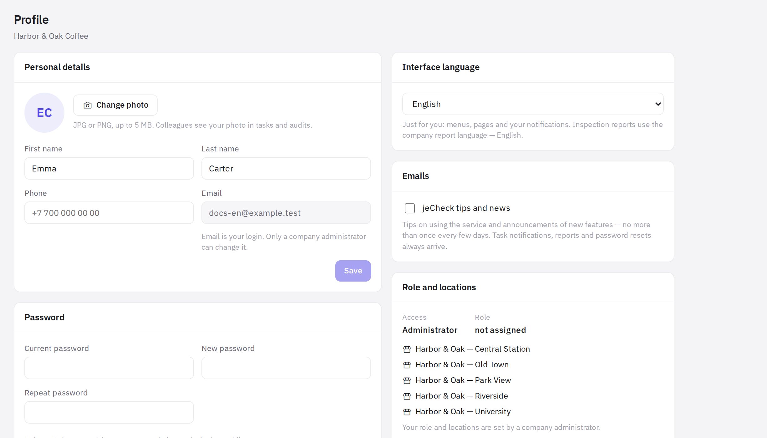 The profile page: personal details, password, language and emails