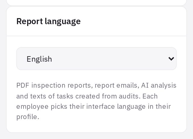 The Report language card in the company settings
