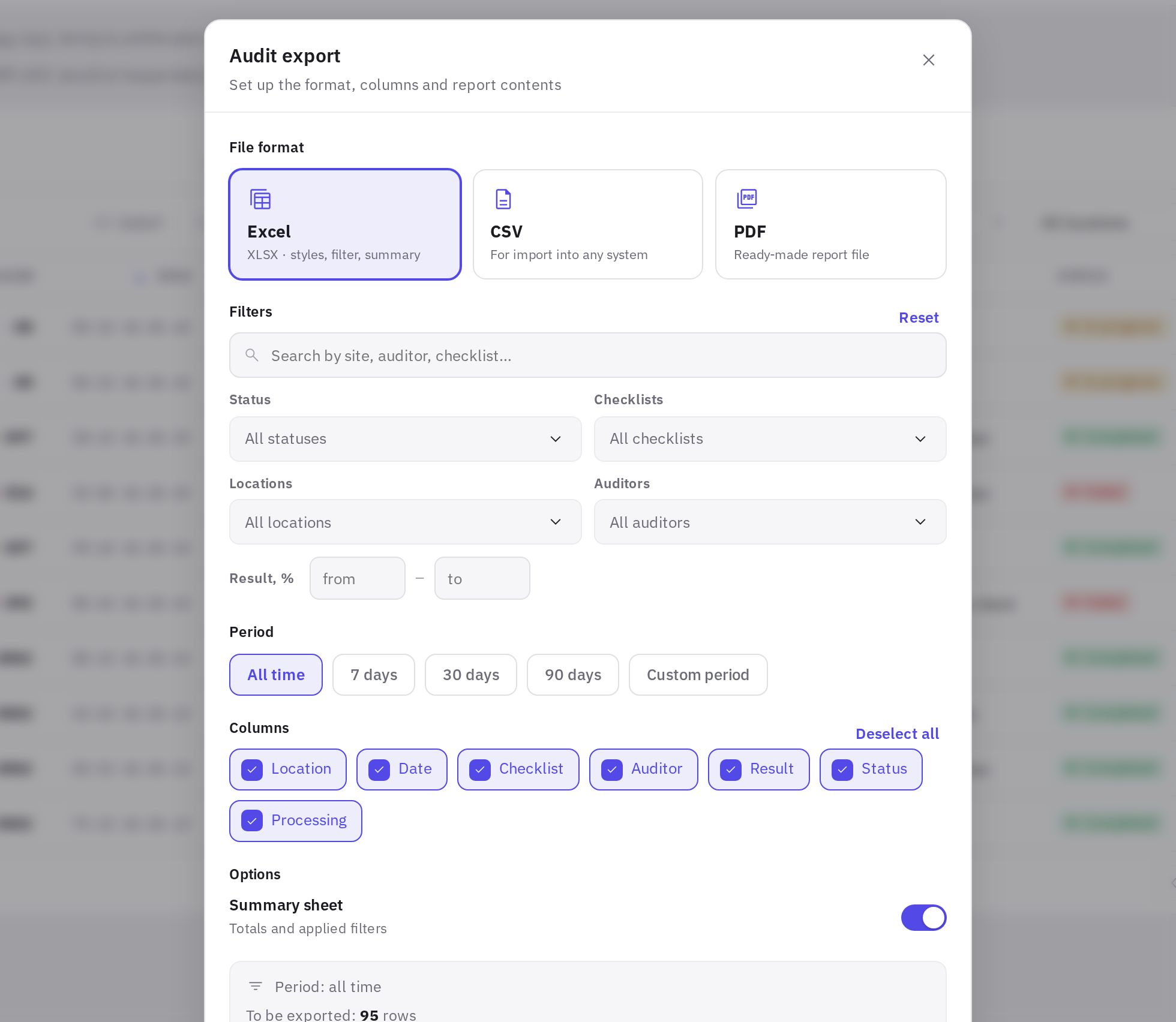 The Audit export window: format, filters, period and columns
