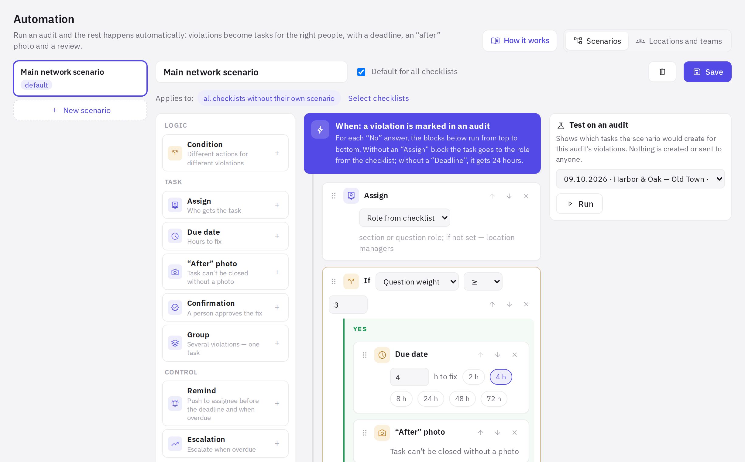 The Scenarios tab: scenario list, block palette and scenario flow