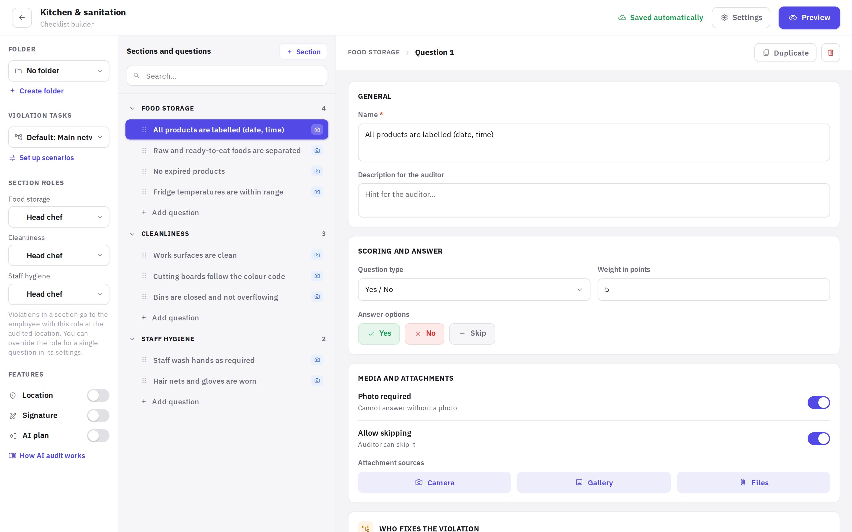 The builder: sections and questions on the left, settings of the selected question on the right