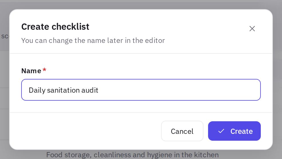 The create checklist window