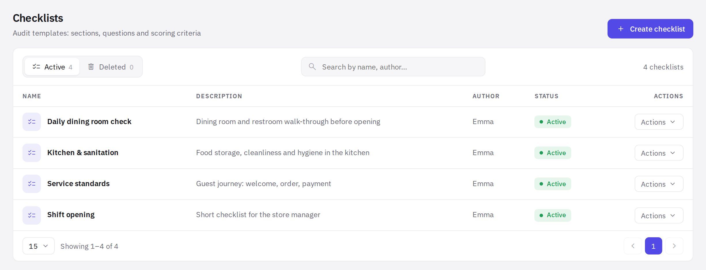 The checklist list under Work → Checklists