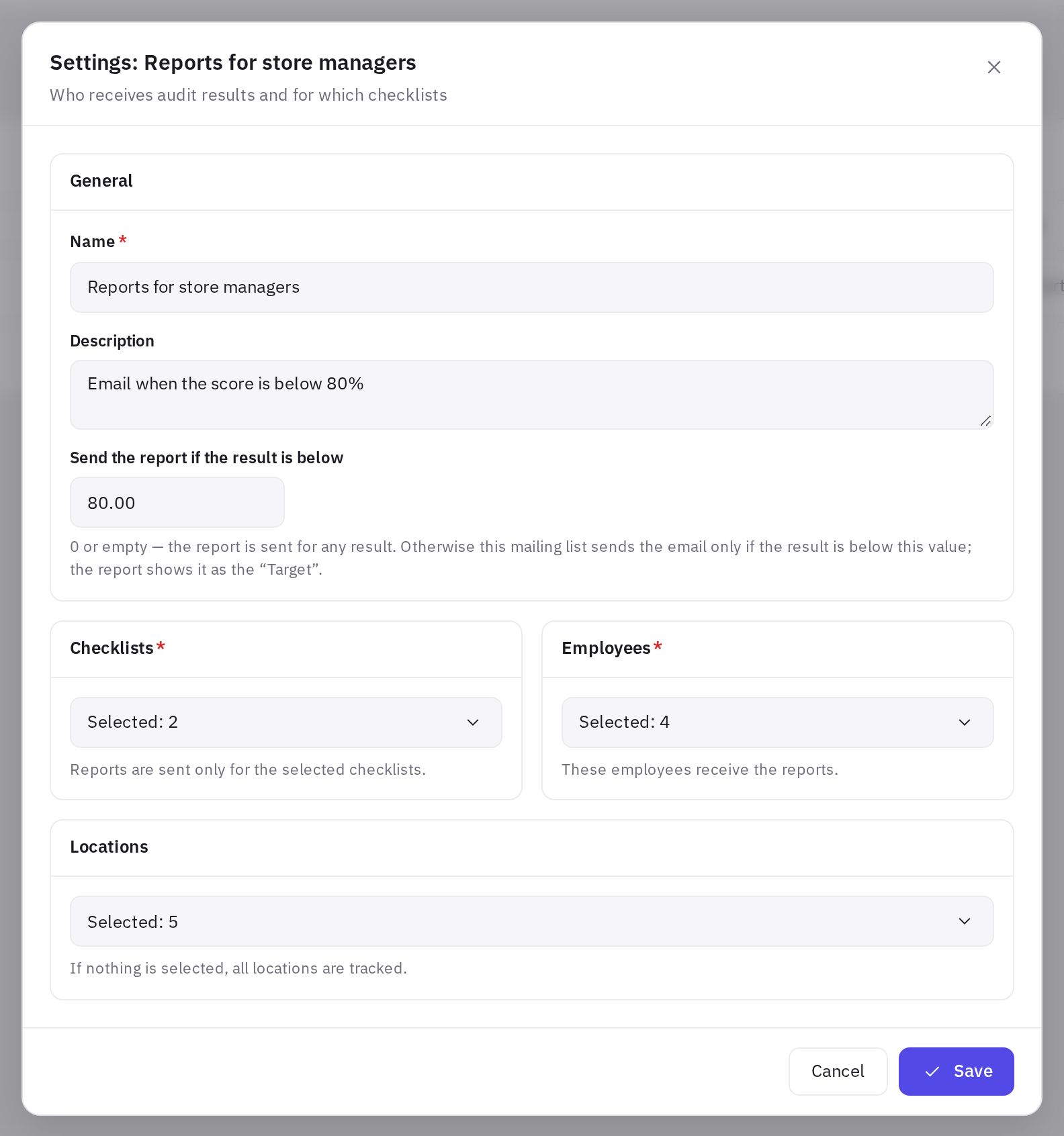 Mailing list settings window