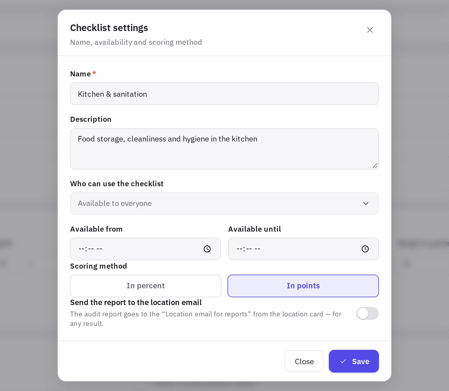The checklist settings window