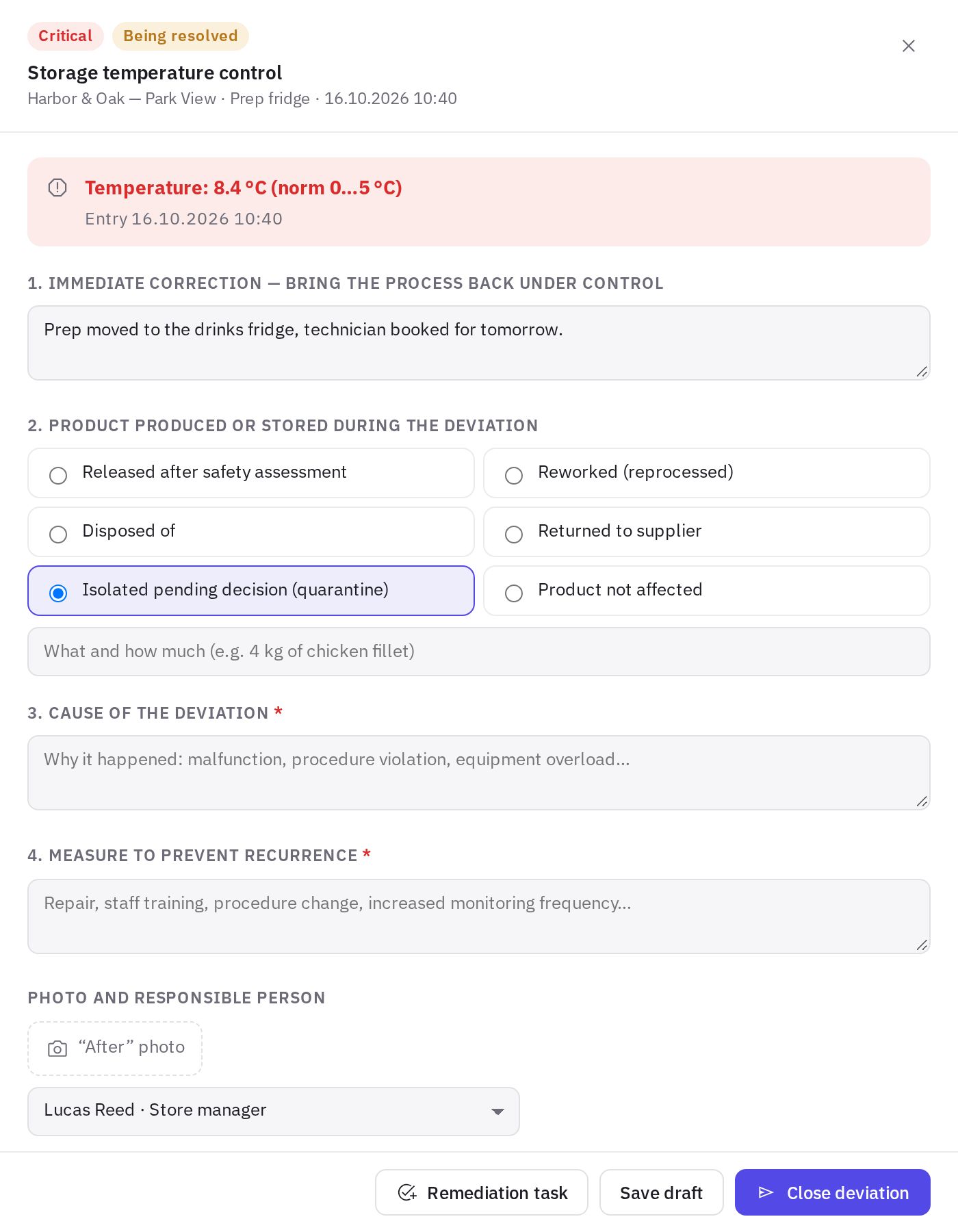 A deviation card with corrective actions