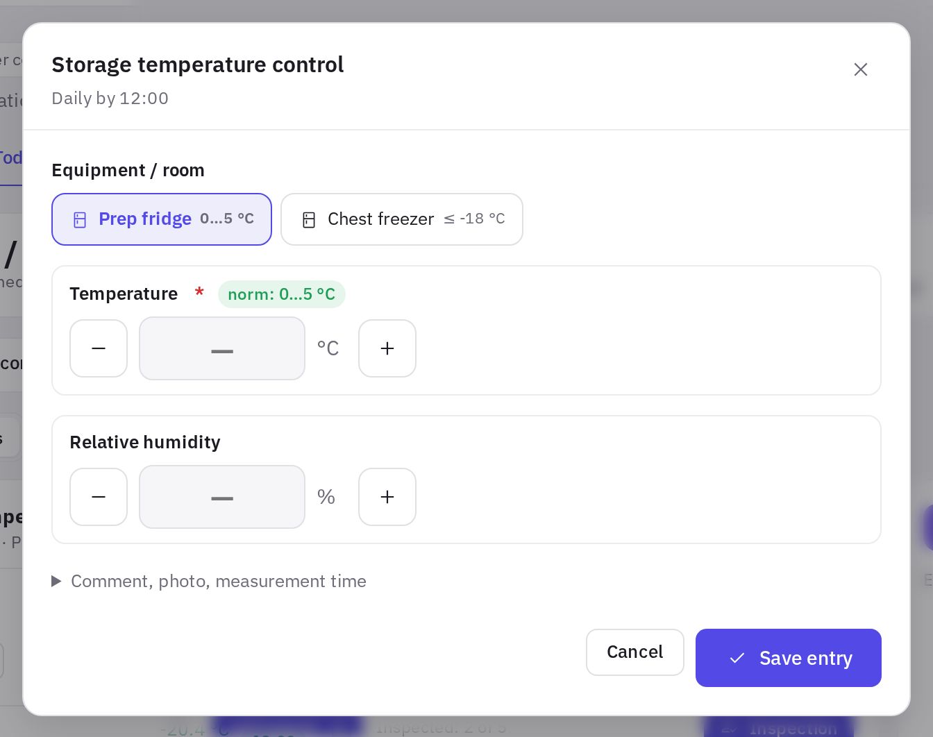 The measurement form: equipment, a field with its norm and the save button