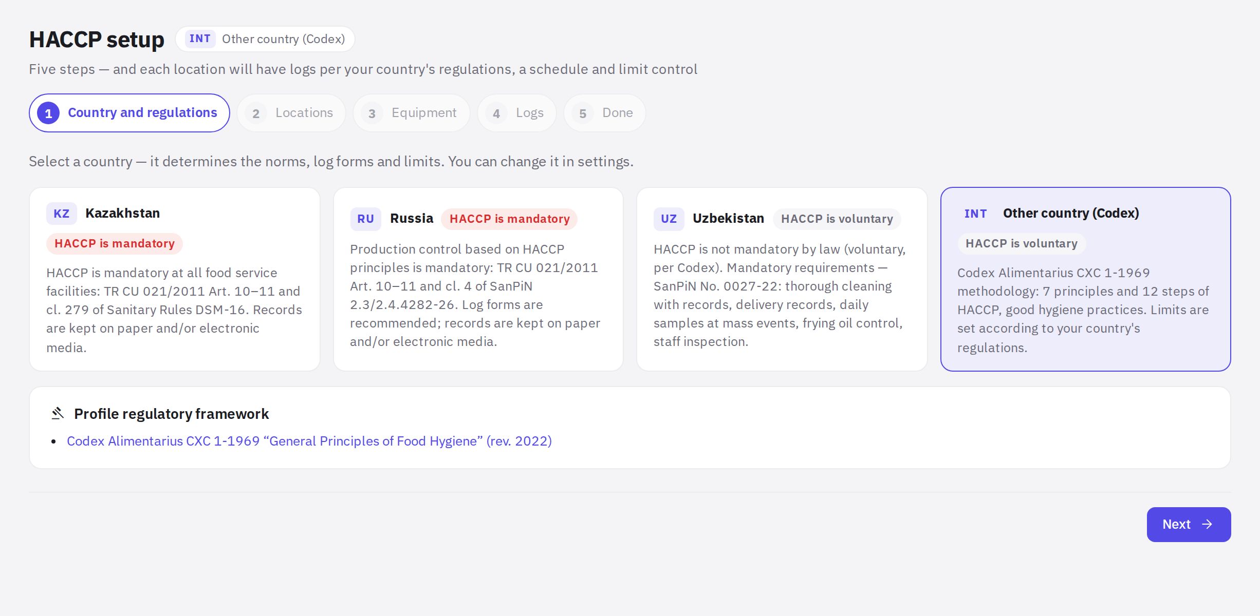 The HACCP setup wizard, "Country and regulations" step