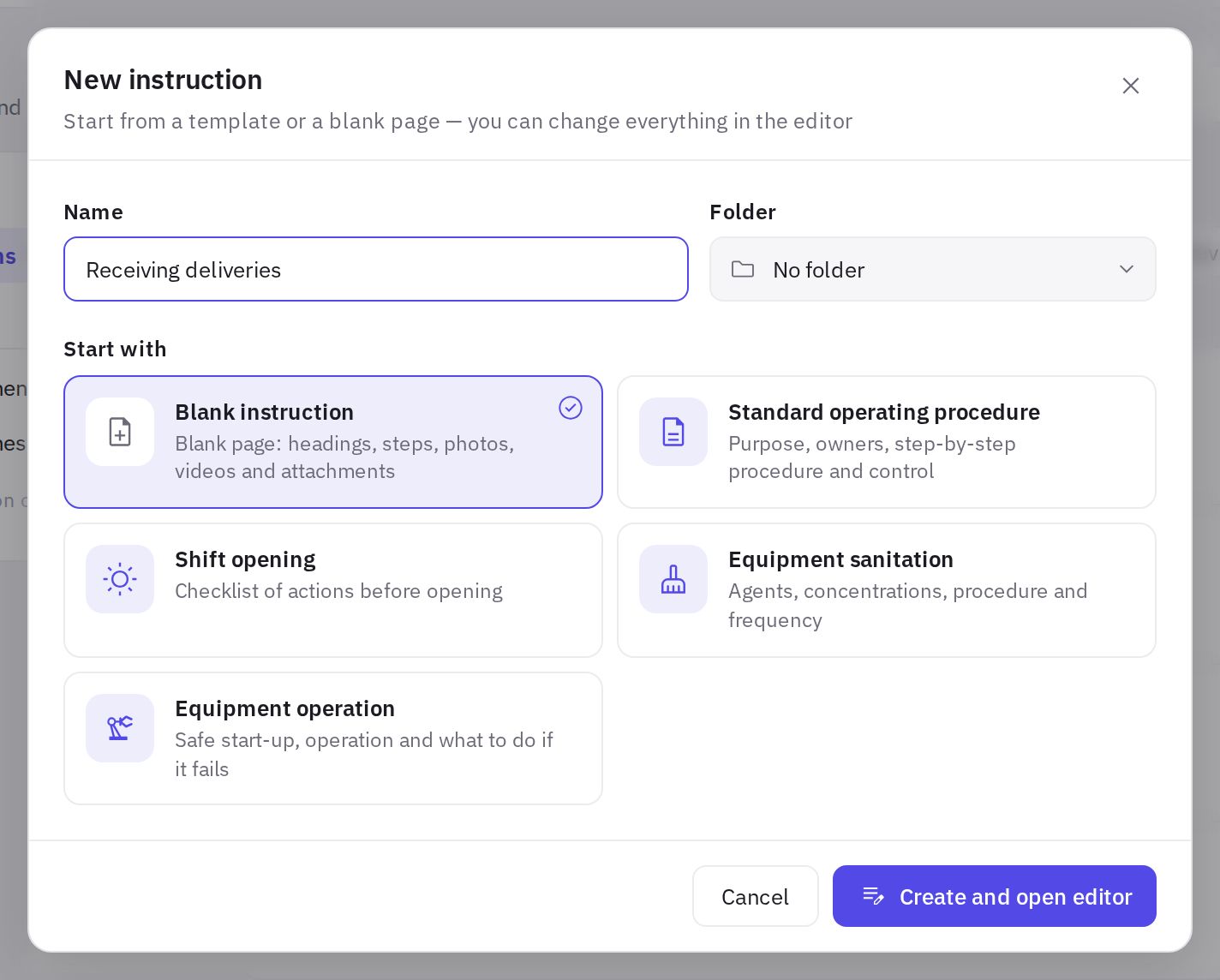 The “New instruction” window: name, folder and template