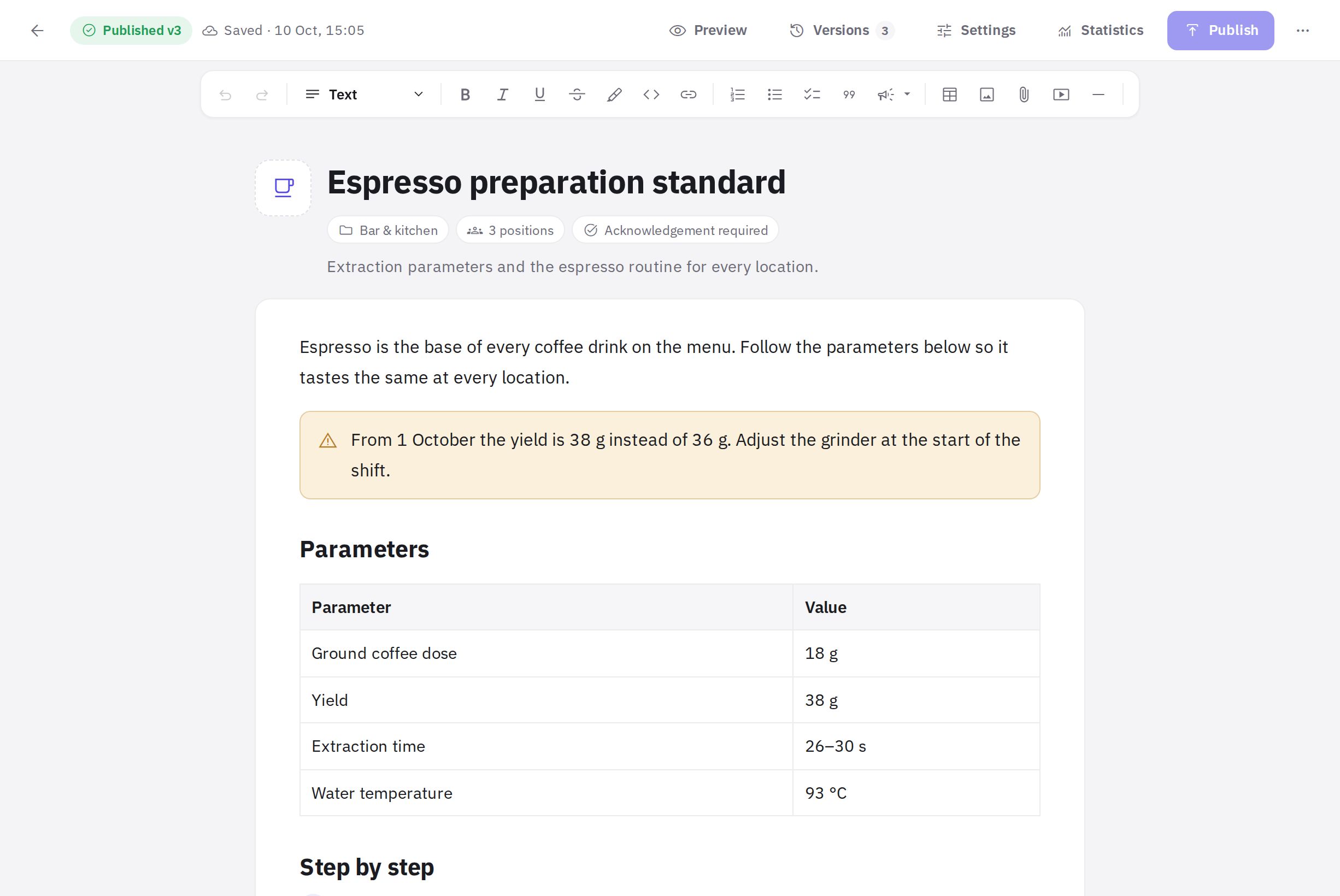 The instruction editor: block toolbar, text with a callout and a table
