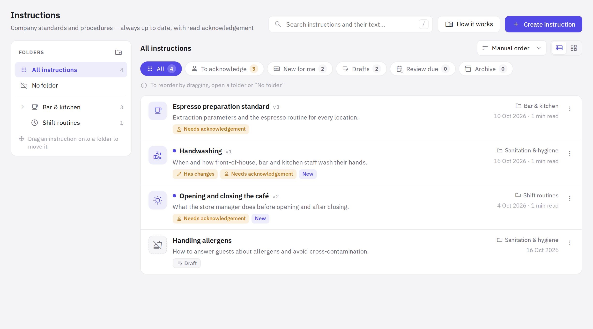 The instruction library: folders on the left, tabs and the list