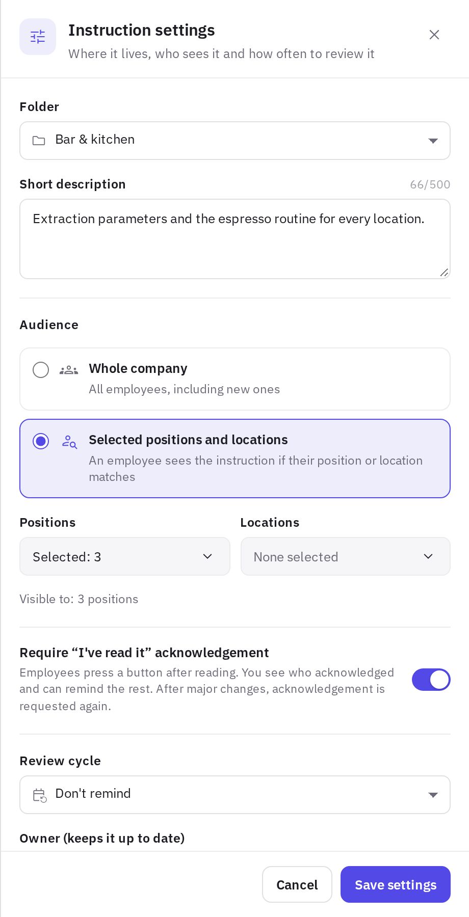 Instruction settings: folder, audience and acknowledgement