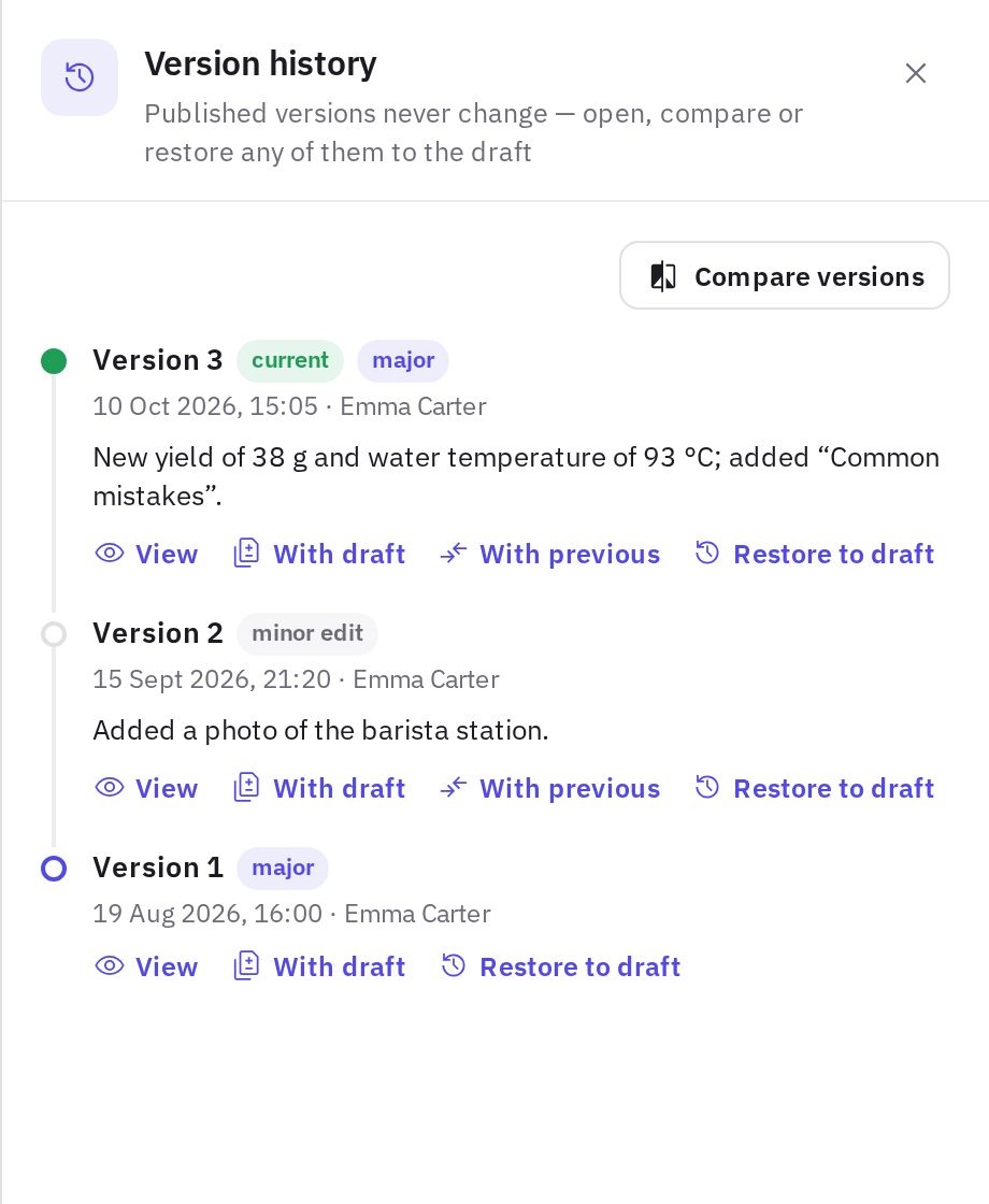 Version history: change type, notes and comparison