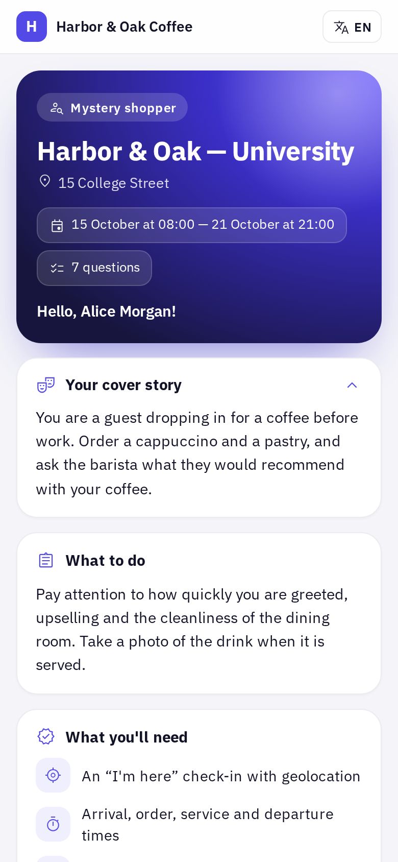 The assignment screen on the shopper's phone