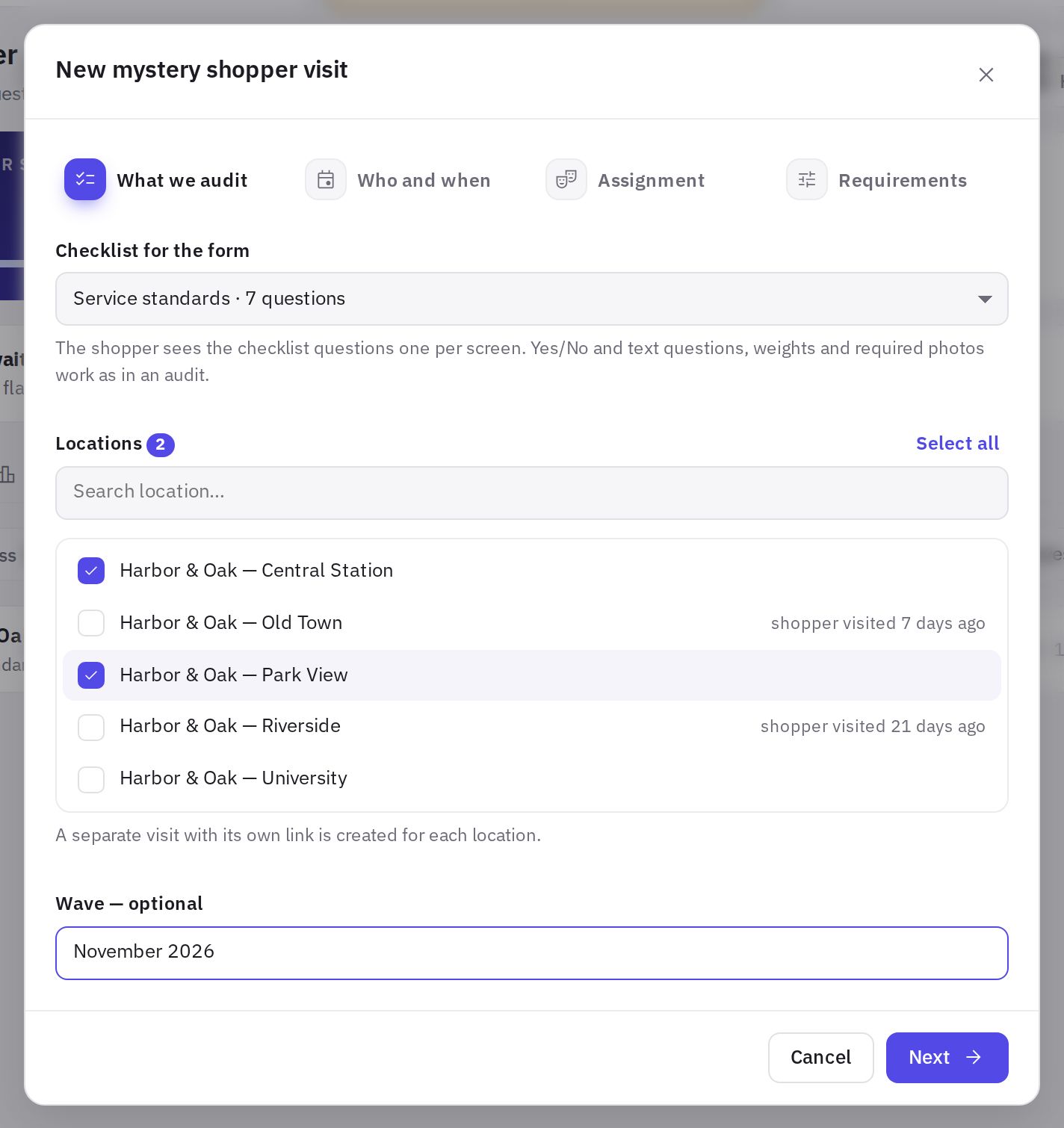 The "What we audit" step: questionnaire checklist, locations and wave