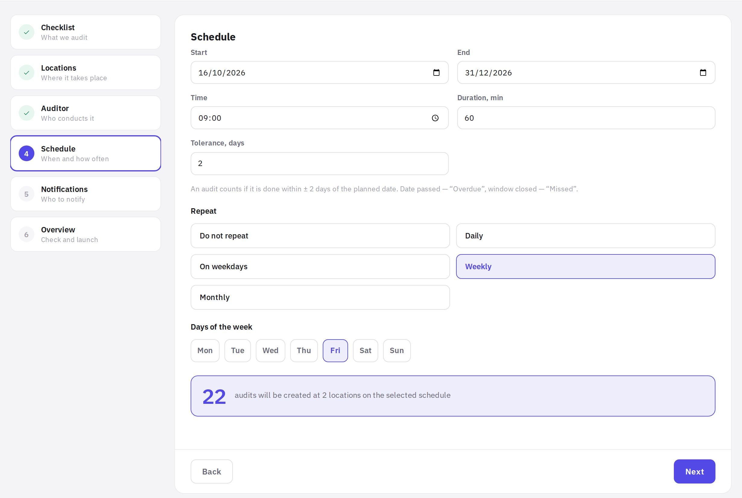 The Schedule step: dates, time, tolerance and repeat