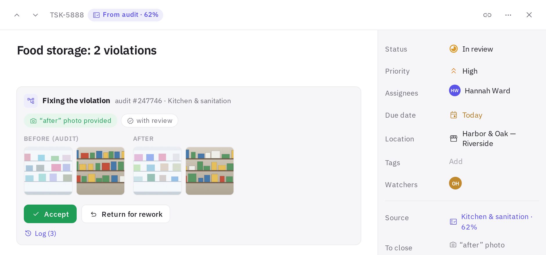 An audit task on review: before and after photos, Accept and Return for rework buttons