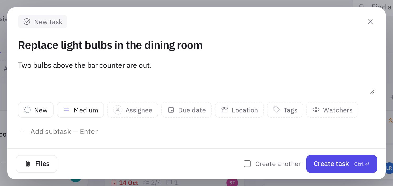 The New task window: title, description and property buttons