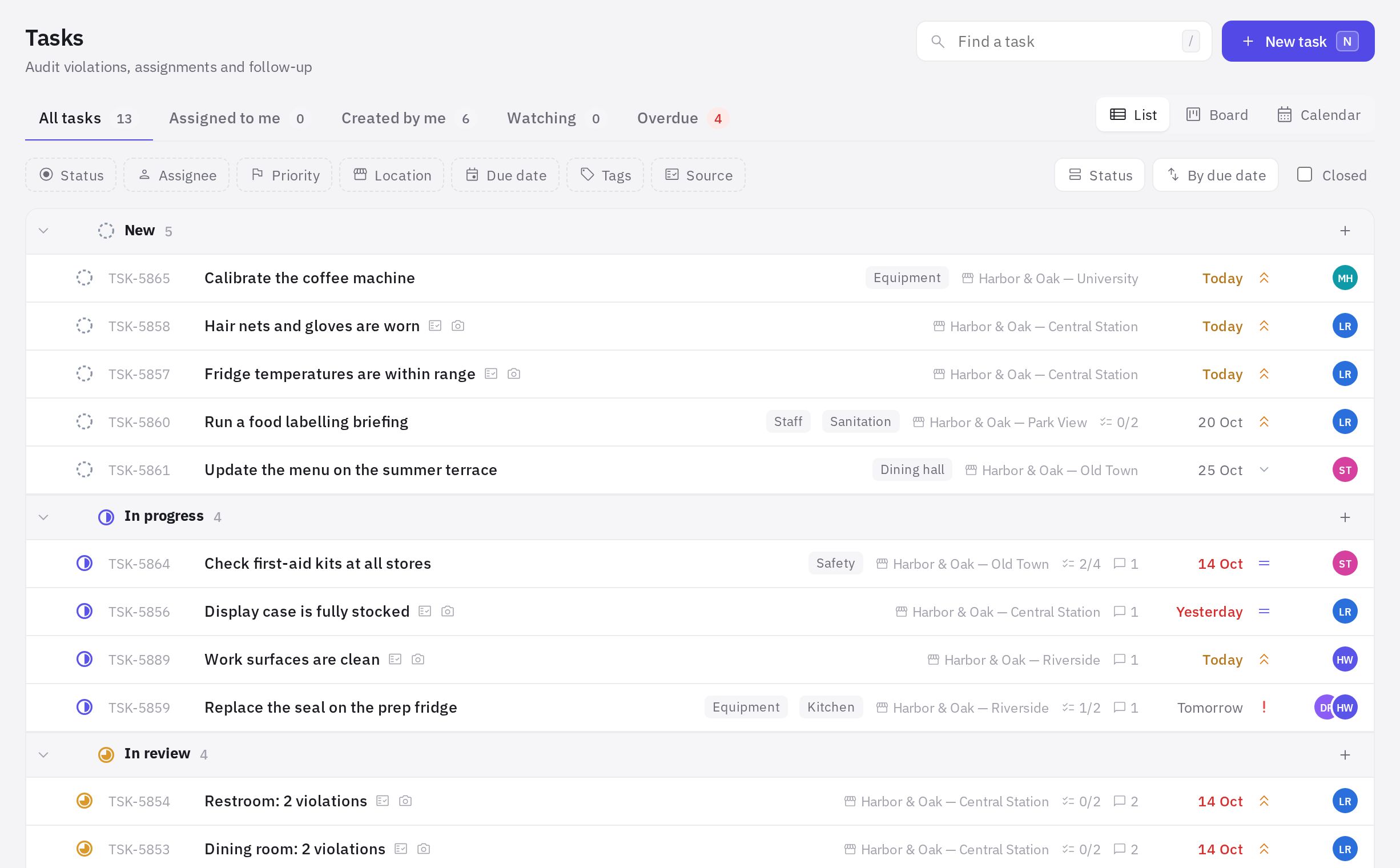 Tasks in list view, grouped by status
