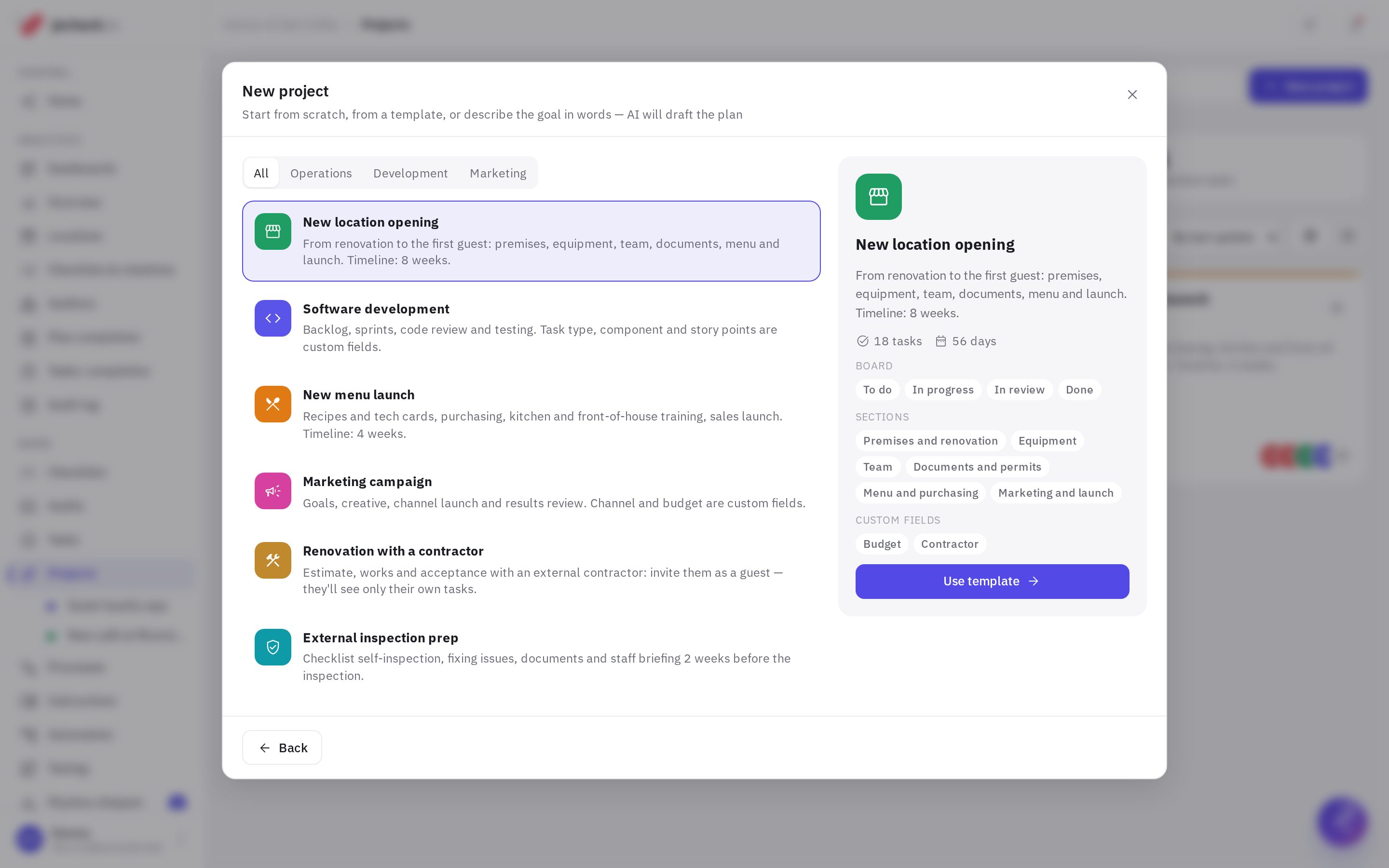 New project: choosing a template