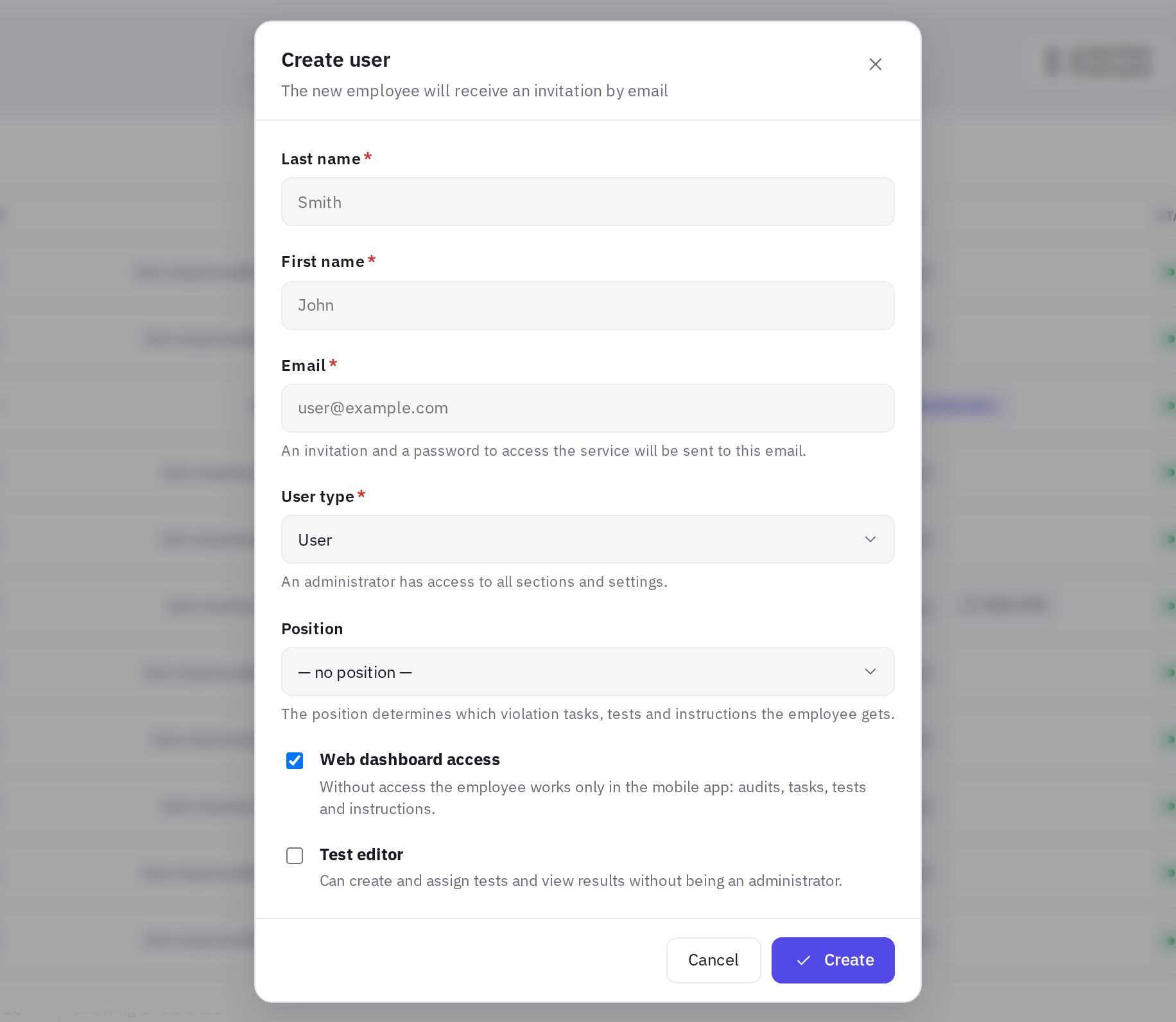 The Create user window