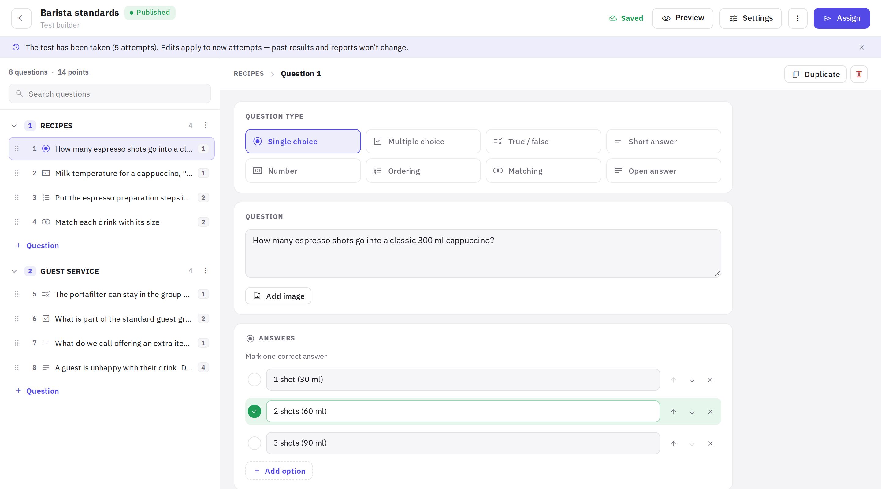 The test builder: blocks and questions on the left, question settings on the right