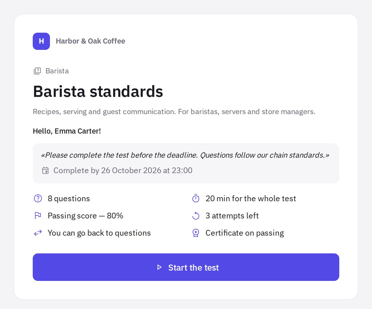 The first screen of the test before you start