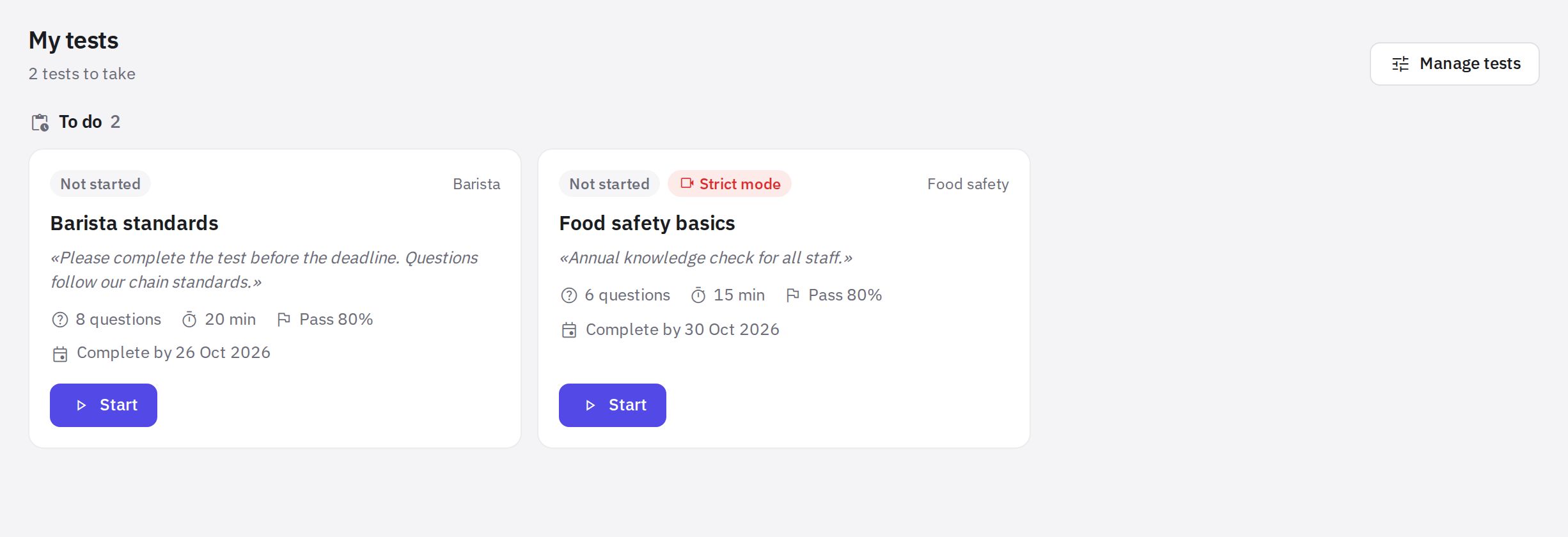 The My tests page
