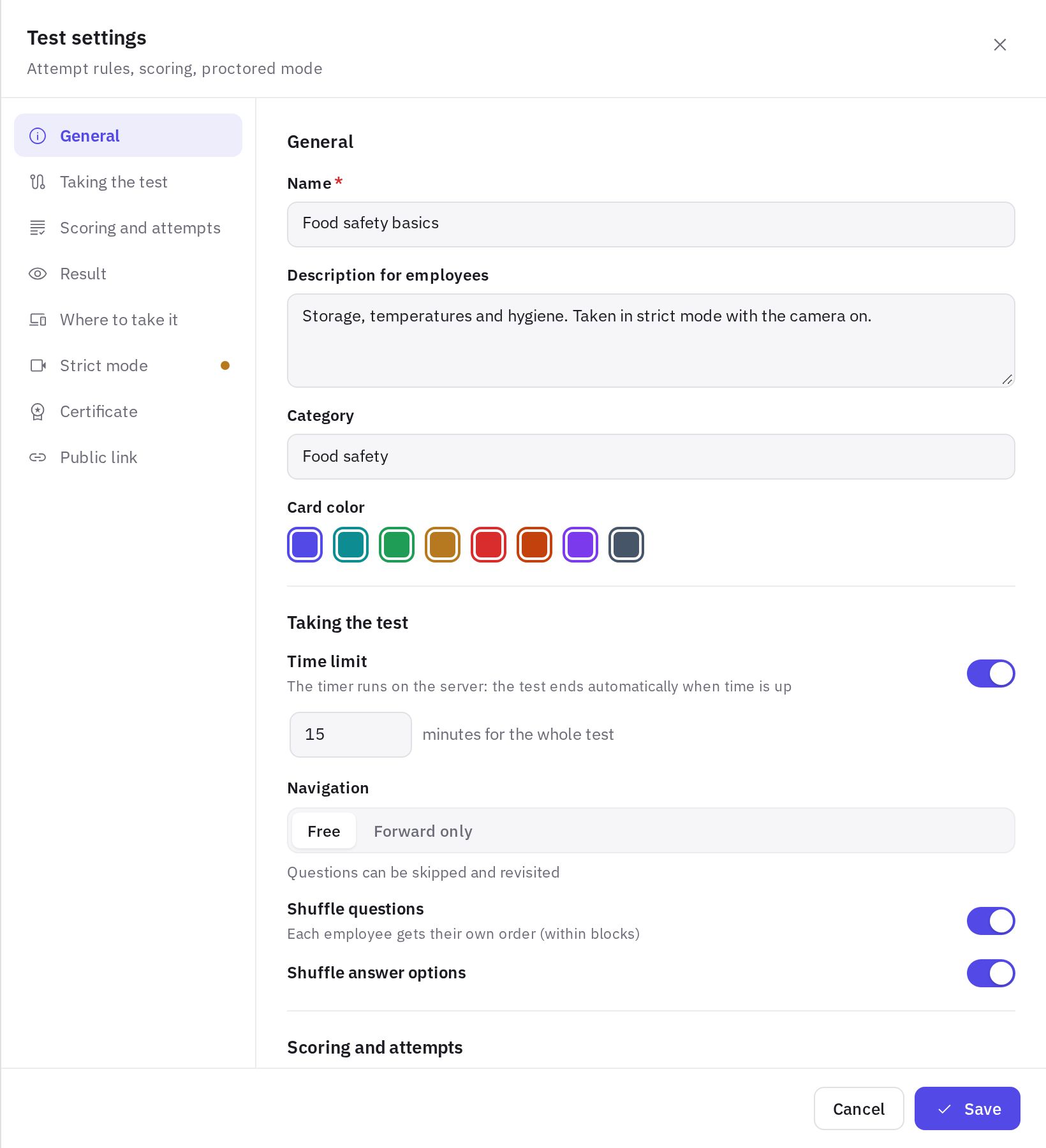 The “Test settings” window