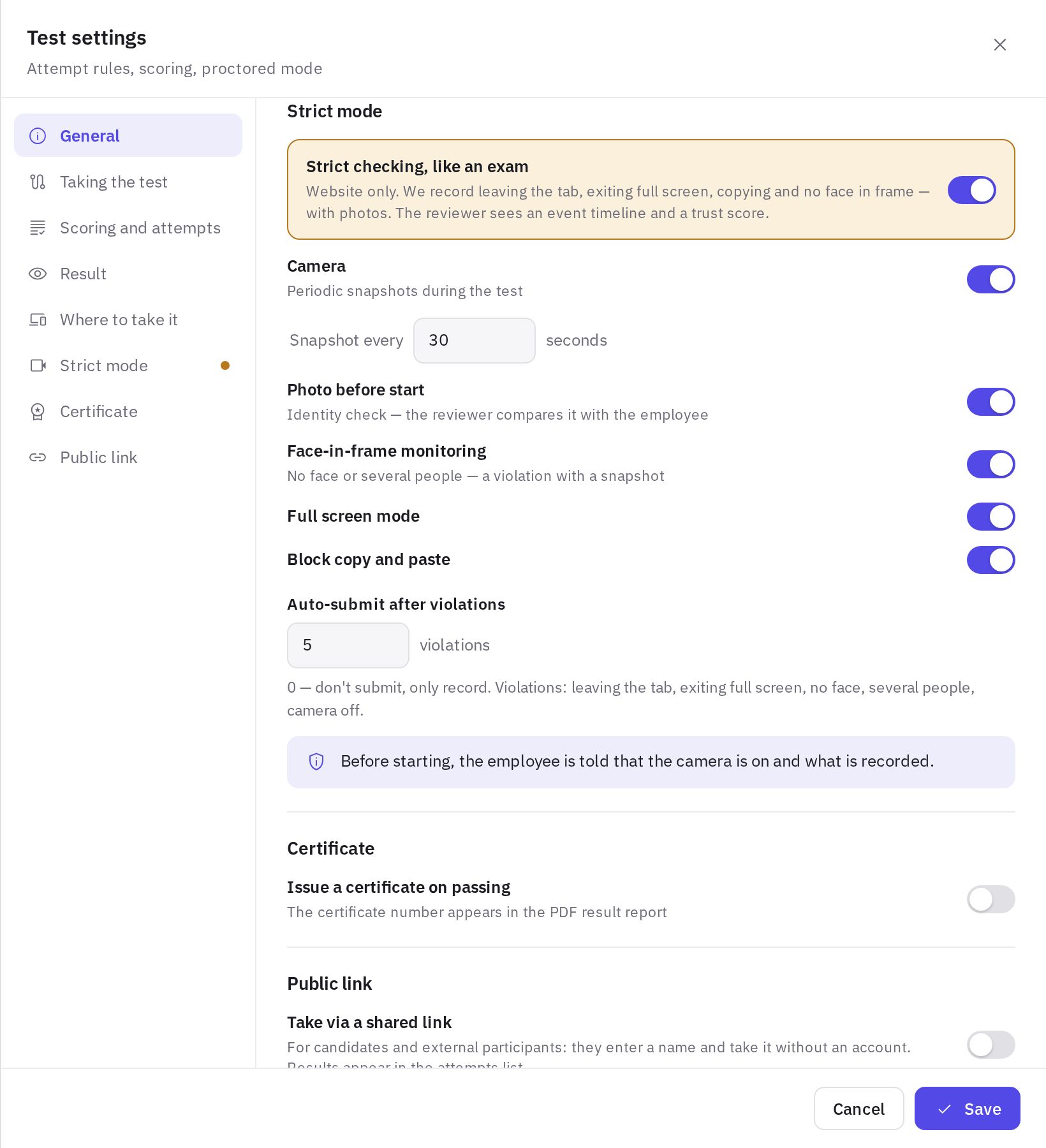 The Strict mode section in the test settings